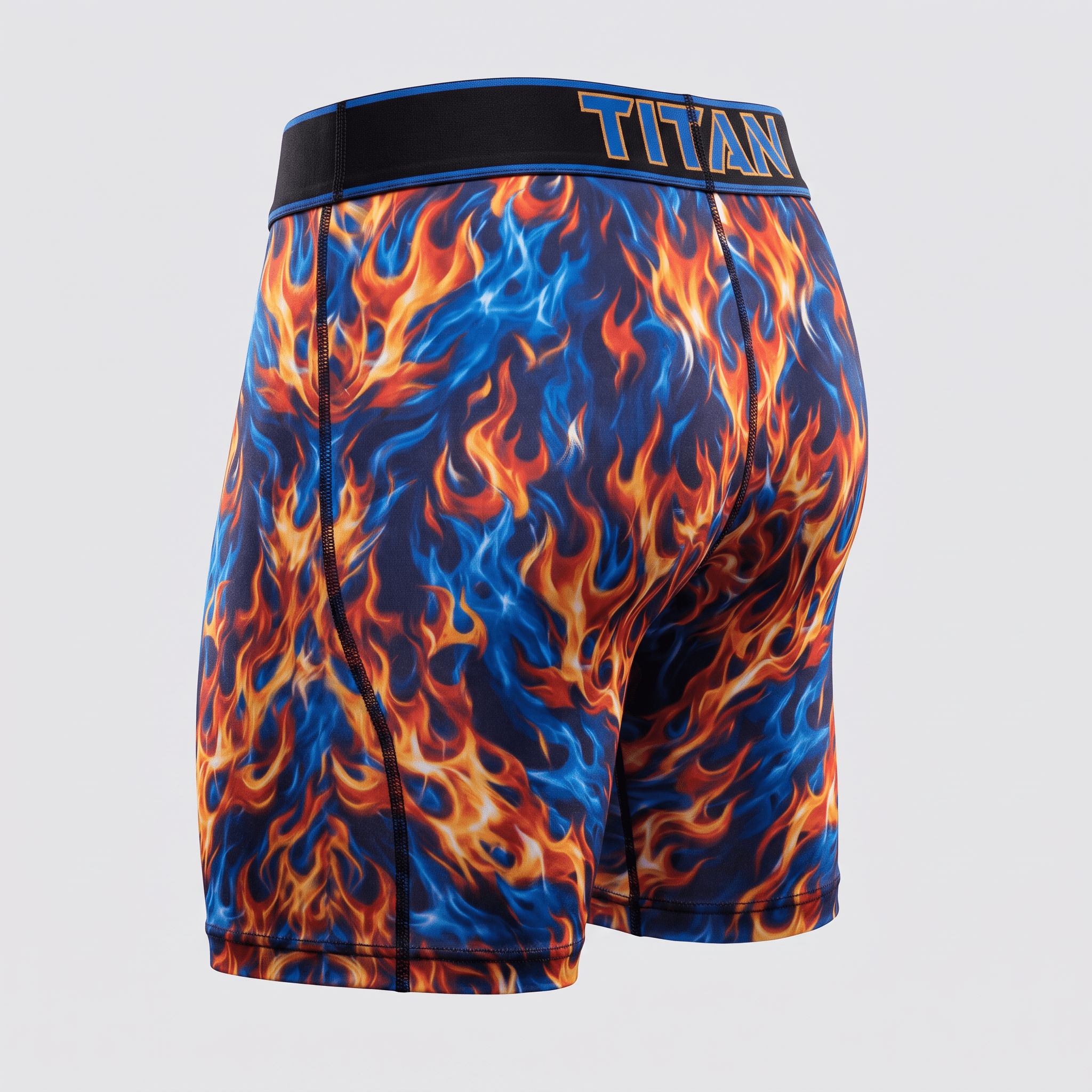 Rear view of Titan boxer briefs with blue and orange flame print and black waistband.