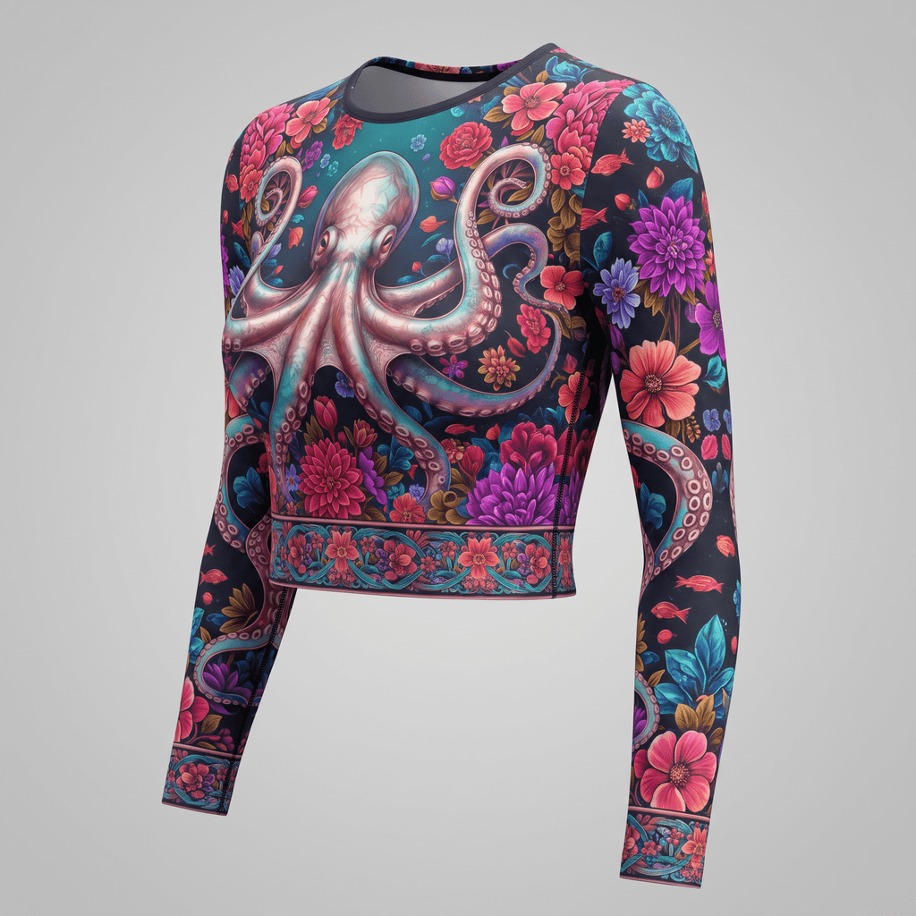 Long-sleeve crop top with a colorful octopus and floral print on a dark background.