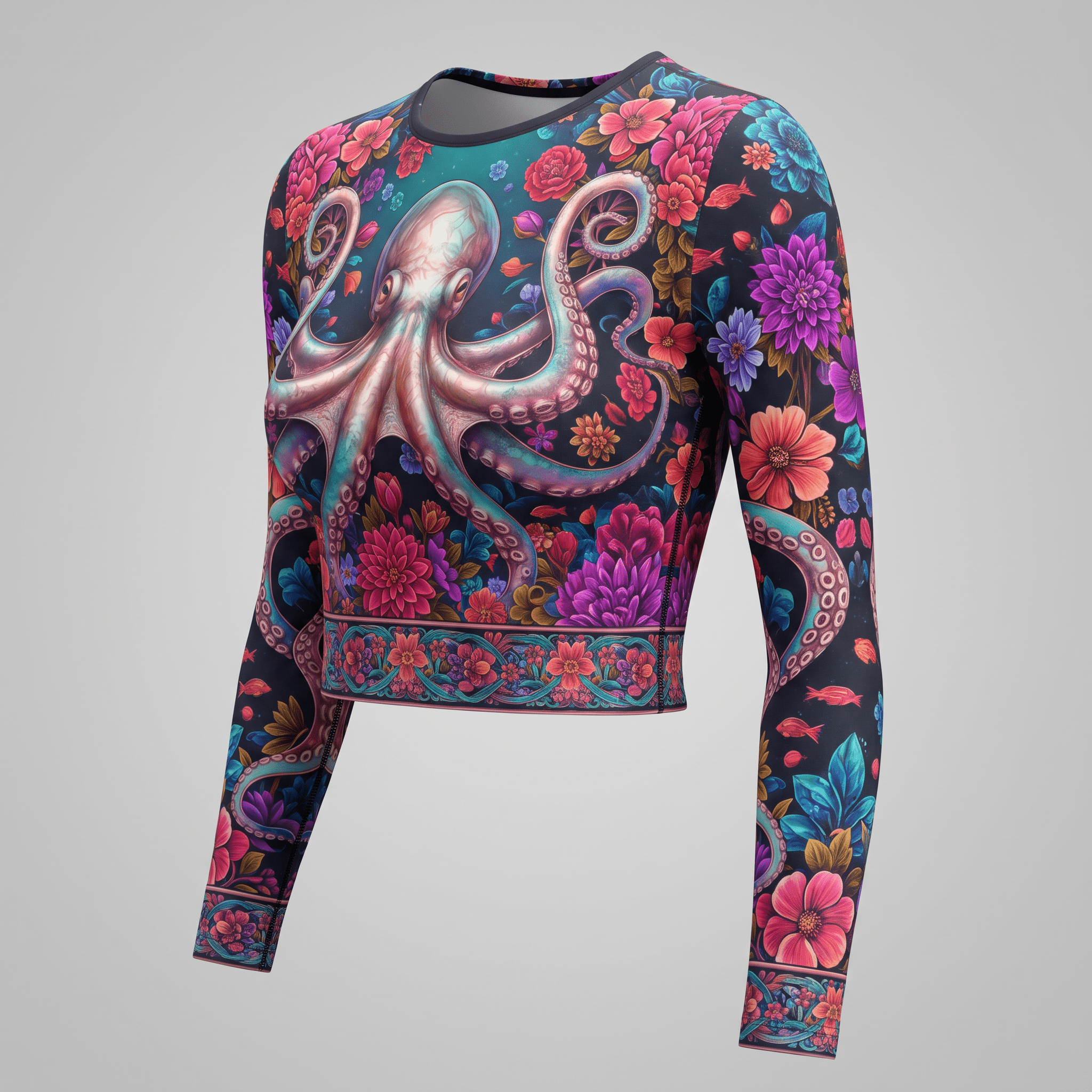 Long-sleeve crop top with a colorful octopus and floral print on a dark background.