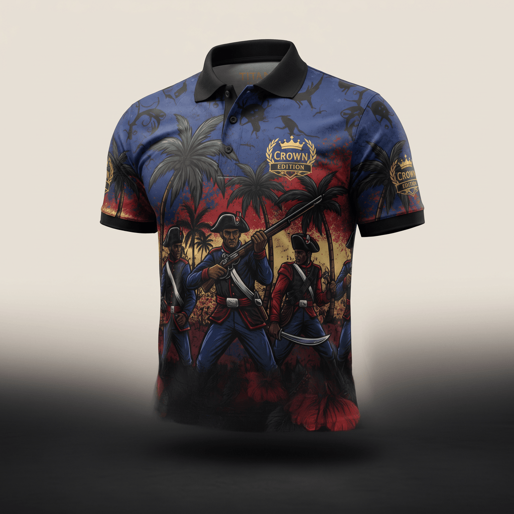 Blue and red polo shirt with historic soldier graphics, palm trees, and Crown Edition branding.