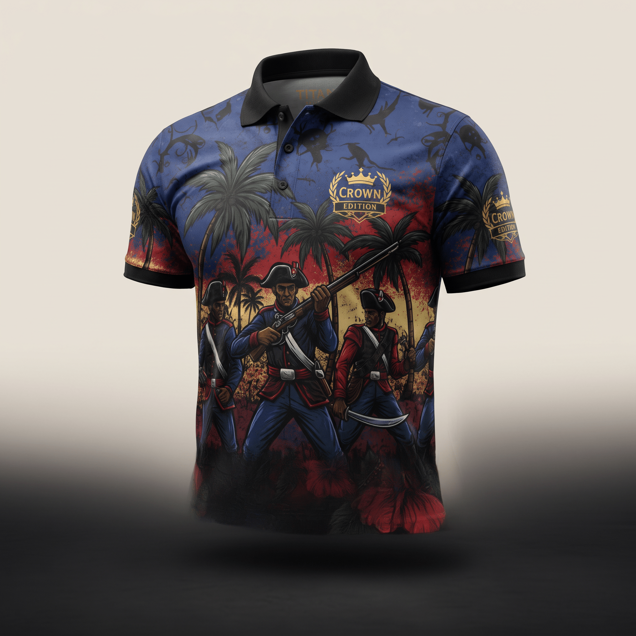 Blue and red polo shirt with historic soldier graphics, palm trees, and Crown Edition branding.