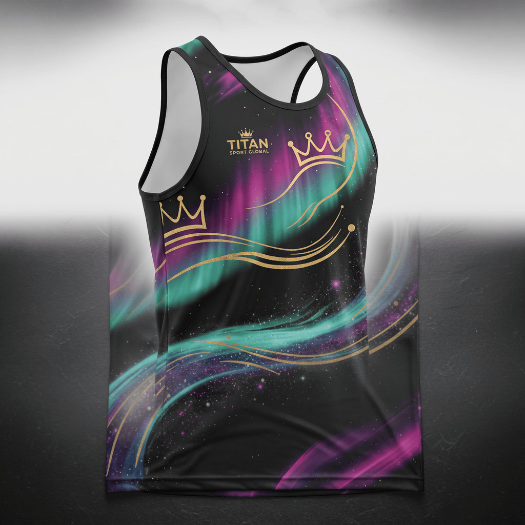 Black athletic tank top featuring a colorful aurora borealis design with gold crowns and Titan Sport Global logo.