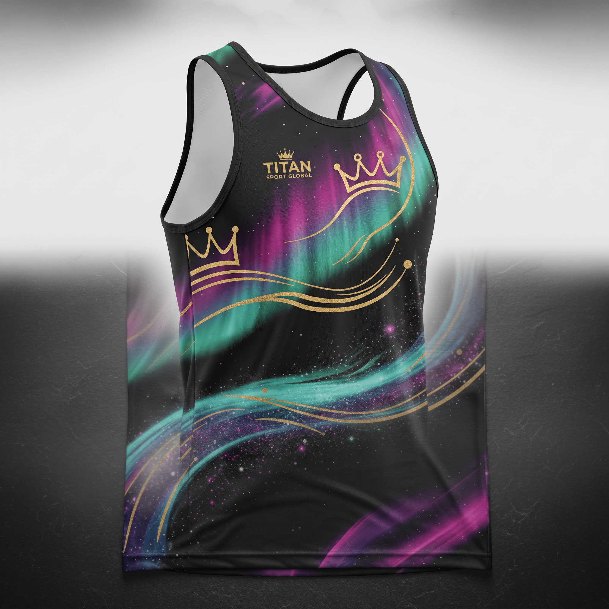 Black athletic tank top featuring a colorful aurora borealis design with gold crowns and Titan Sport Global logo.