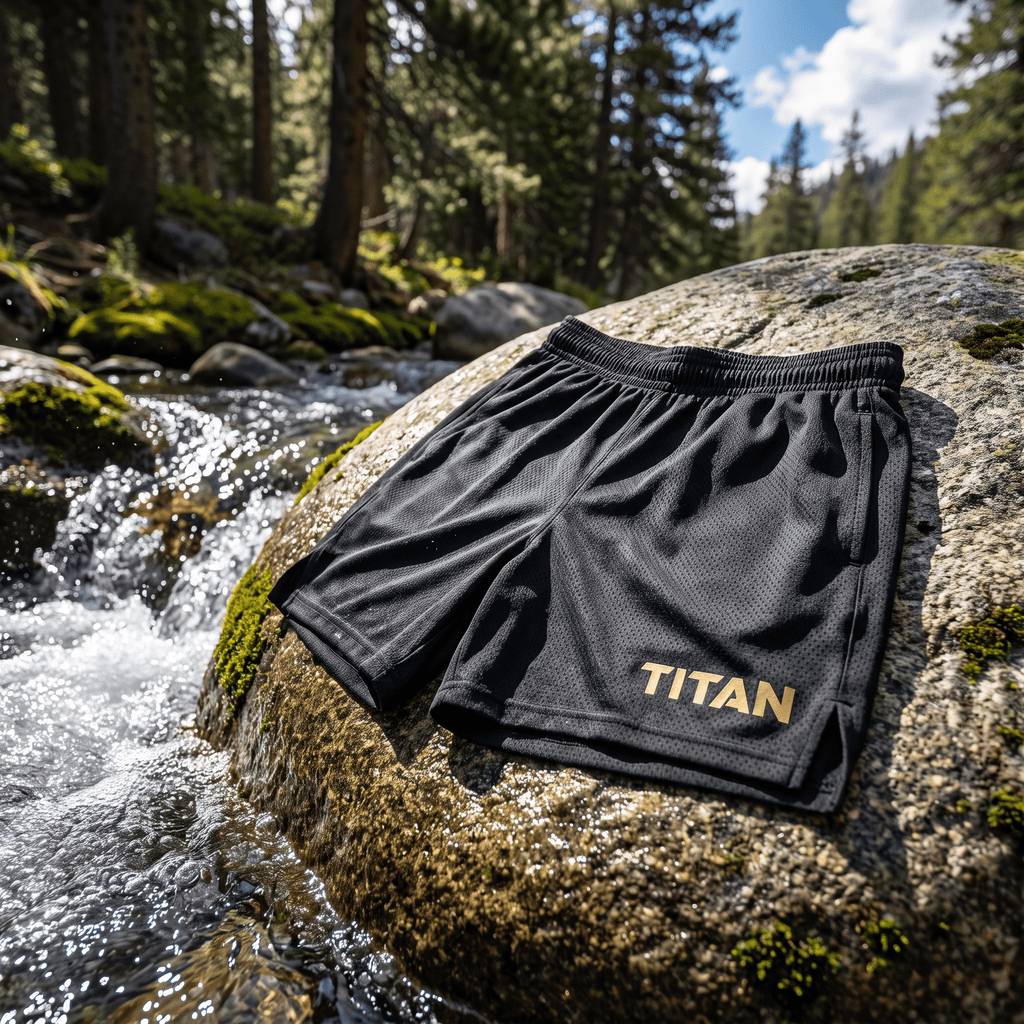 Black athletic mesh shorts with a gold "TITAN" logo resting on a rock by a stream.