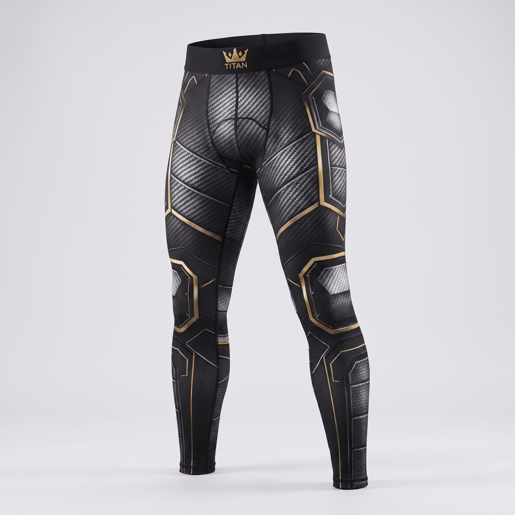 Black and gold compression tights with carbon fiber armor print and Titan waistband.