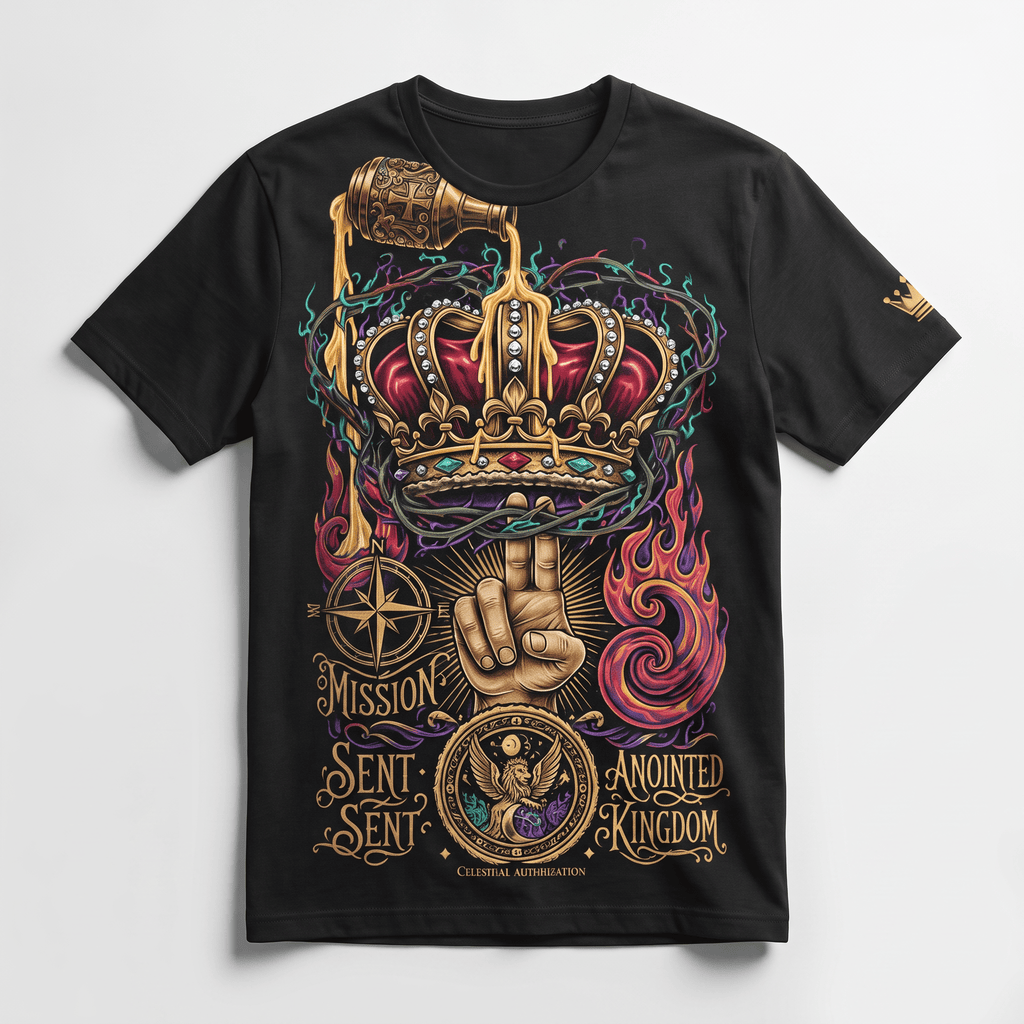 Black t-shirt featuring a colorful graphic of a golden crown, hand gesture, flames, and text elements.