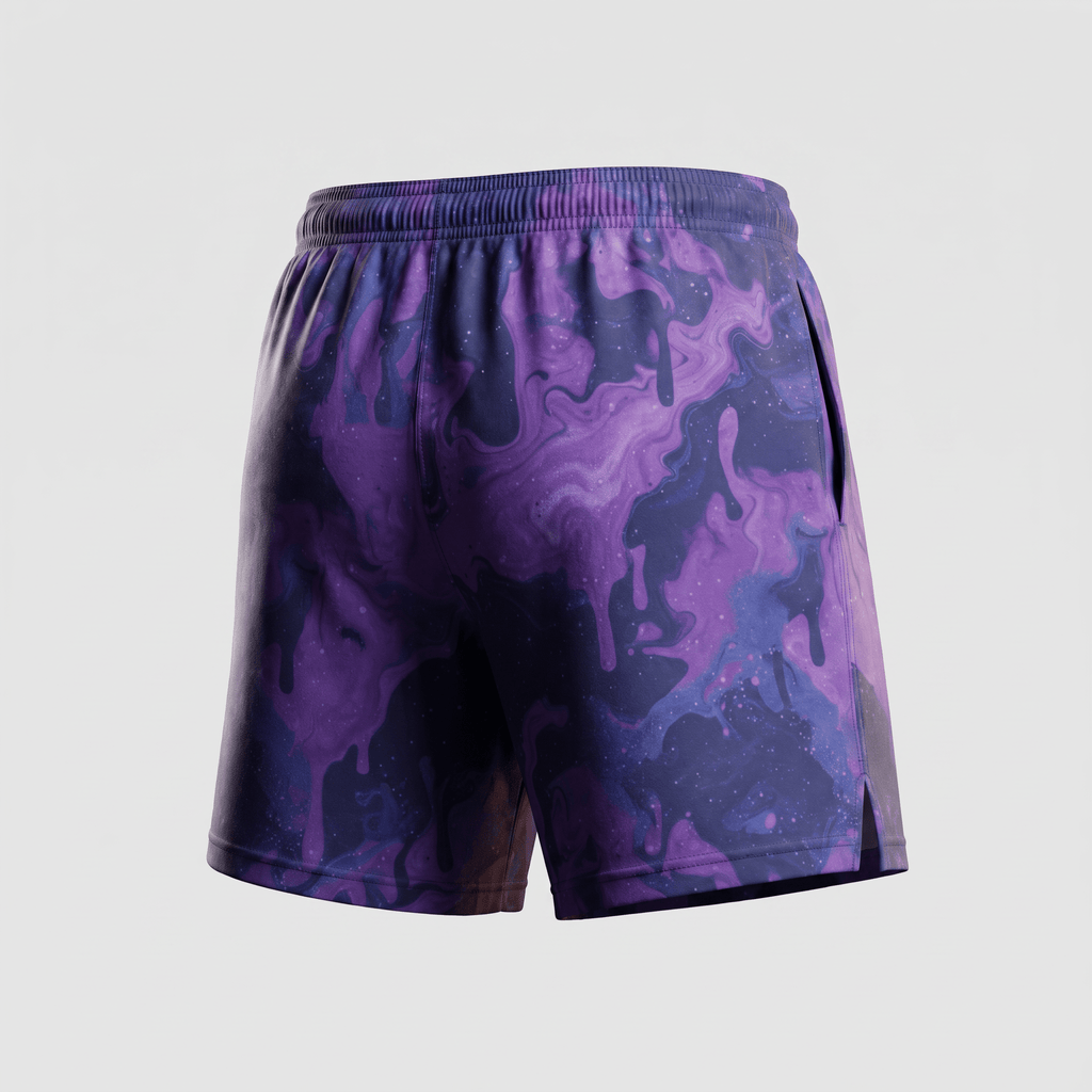 Back view of purple and black abstract print athletic shorts with an elastic waistband on a light background.
