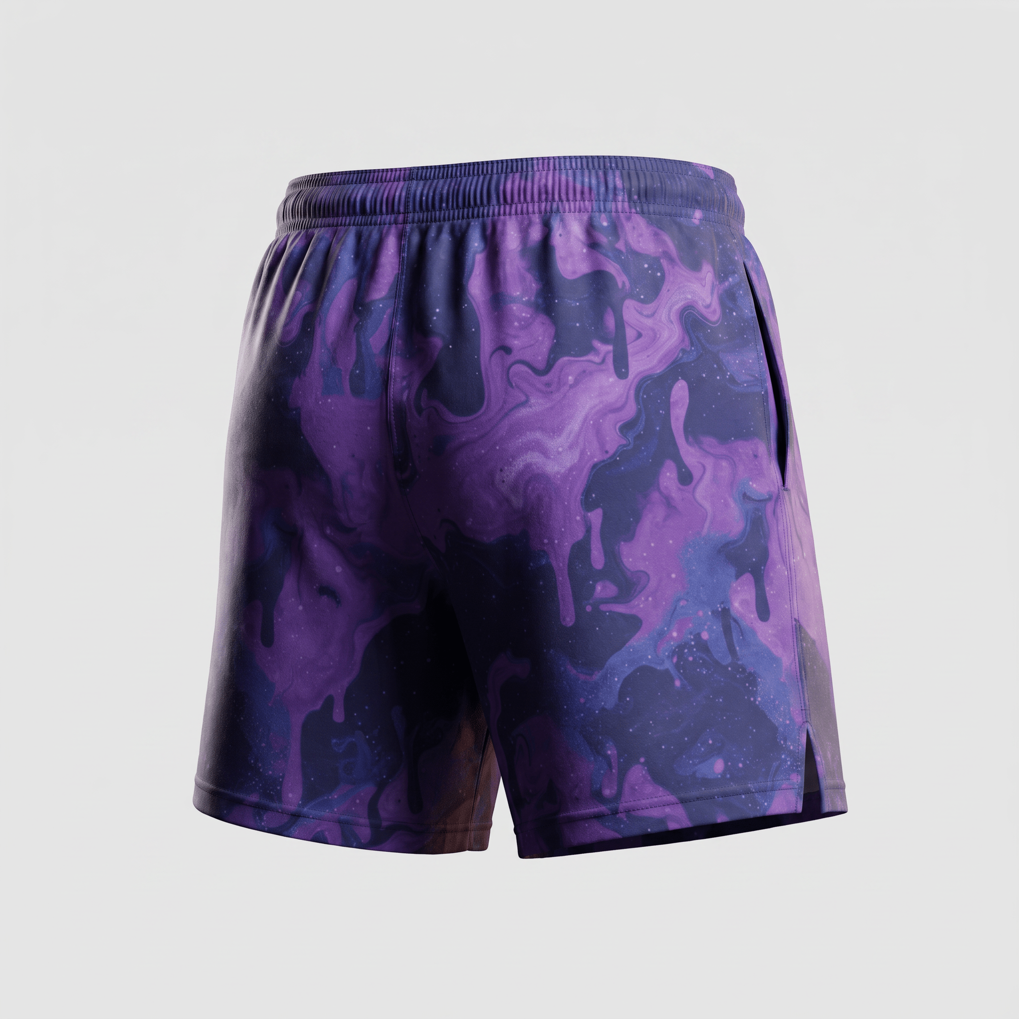 Back view of purple and black abstract print athletic shorts with an elastic waistband on a light background.