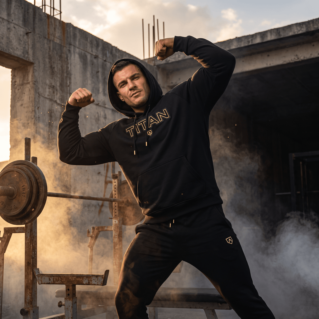 An athletic man flexes his biceps while wearing a black TITAN Lightweight Windbreaker Hoodie in a rustic gym.