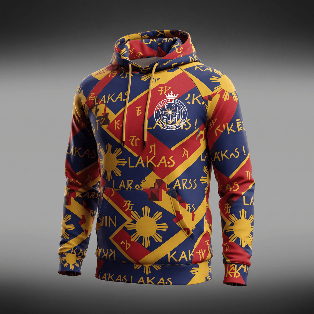 Blue, red, and yellow hoodie featuring Philippine flag sun motifs and the word Lakas in an all-over print.
