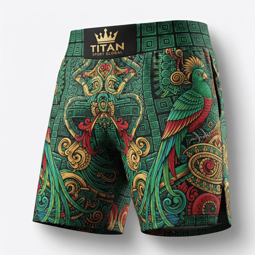 Green Titan Sport Global fight shorts featuring vibrant Aztec art and quetzal bird graphics.