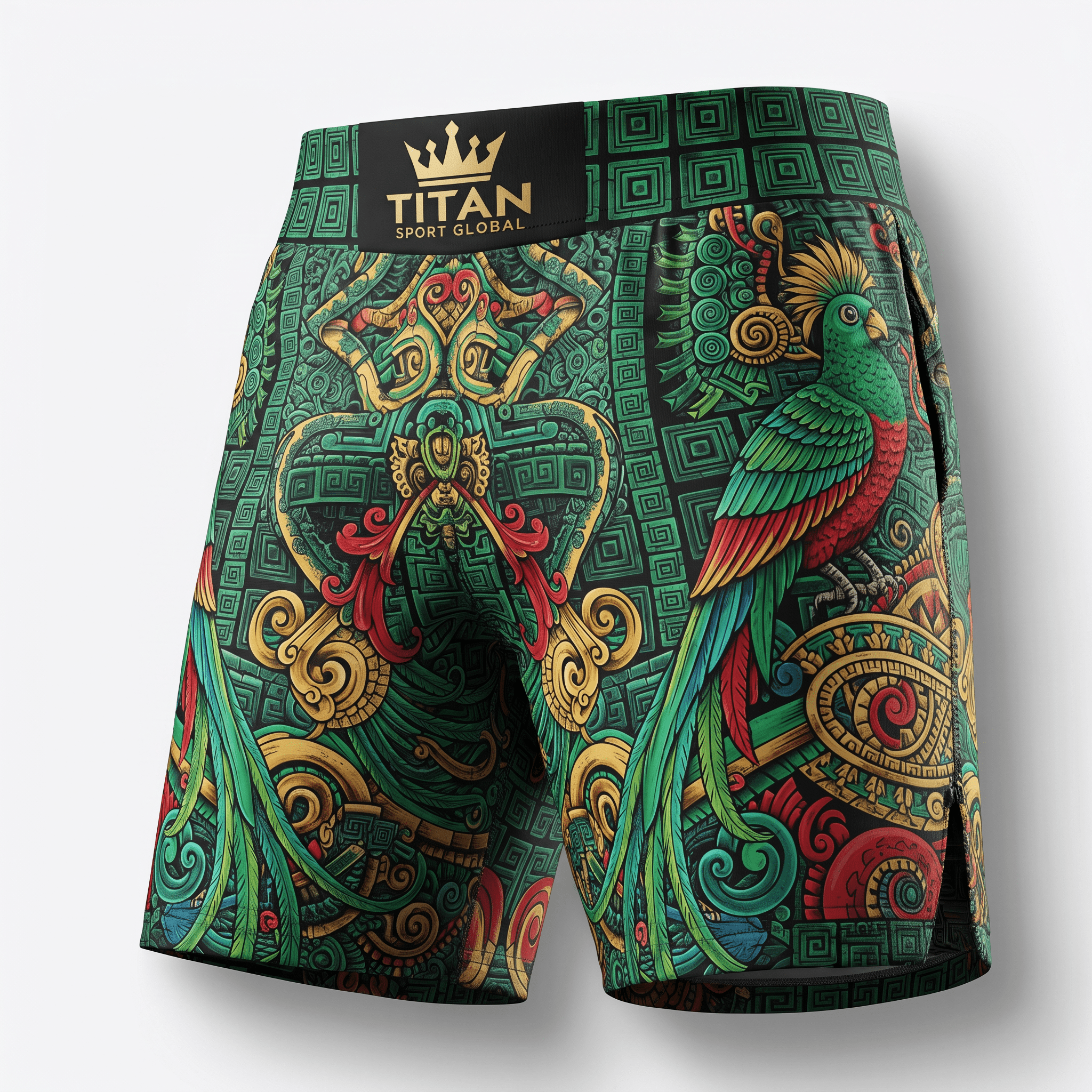 Green Titan Sport Global fight shorts featuring vibrant Aztec art and quetzal bird graphics.