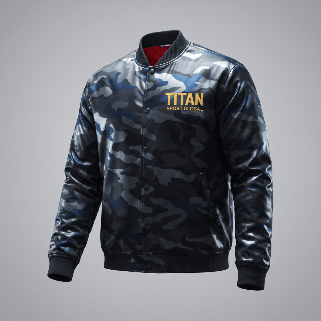 Blue camouflage varsity jacket featuring a snap-button front and gold Titan Sport Global chest logo.
