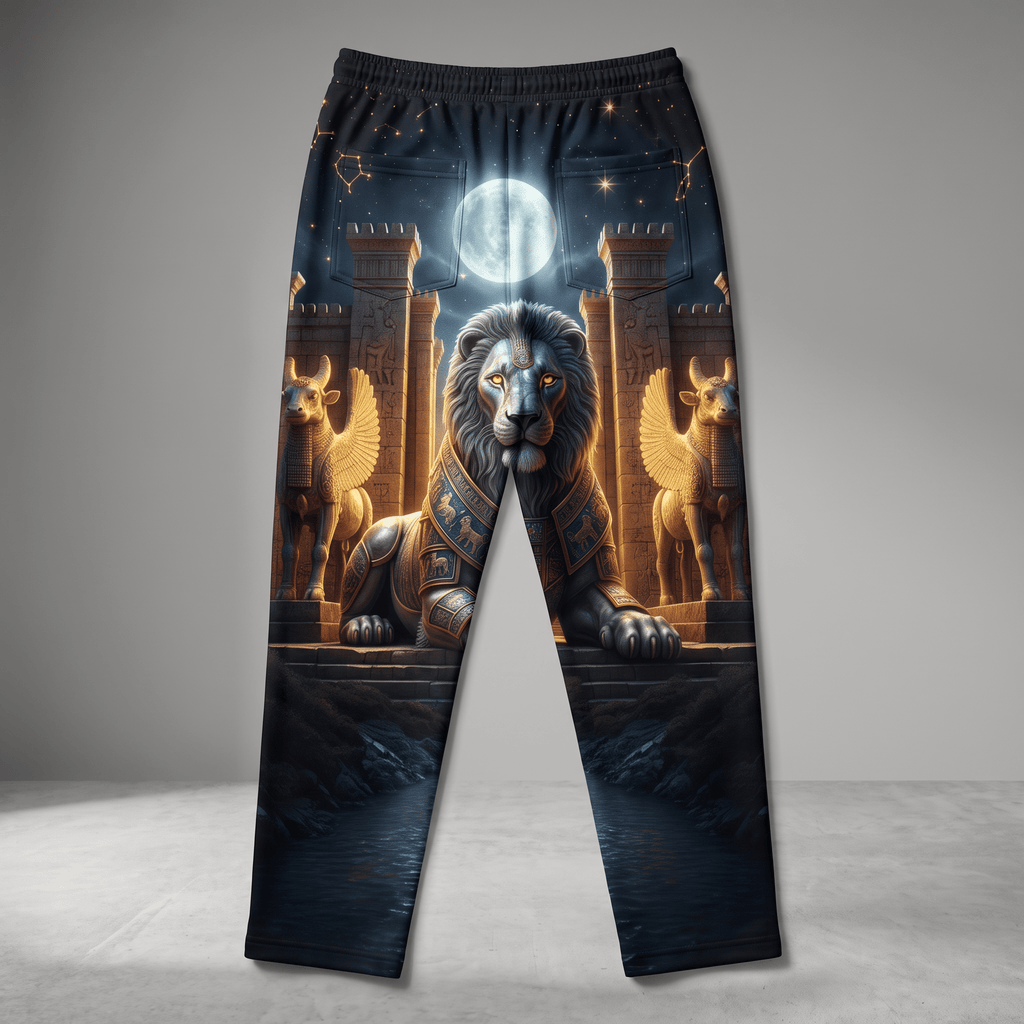 Black sweatpants featuring an all-over print of a majestic lion and winged statues under a full moon.