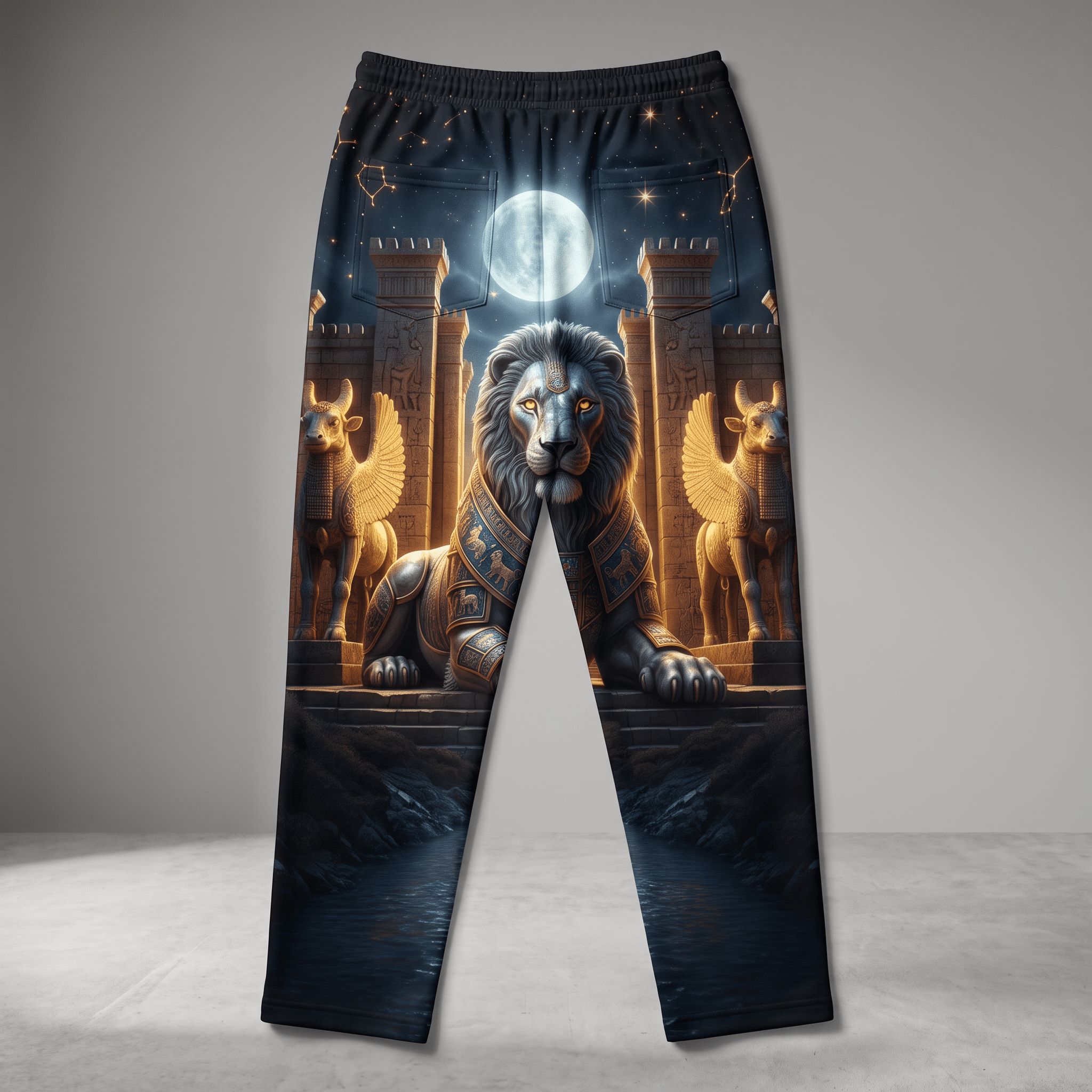 Black sweatpants featuring an all-over print of a majestic lion and winged statues under a full moon.