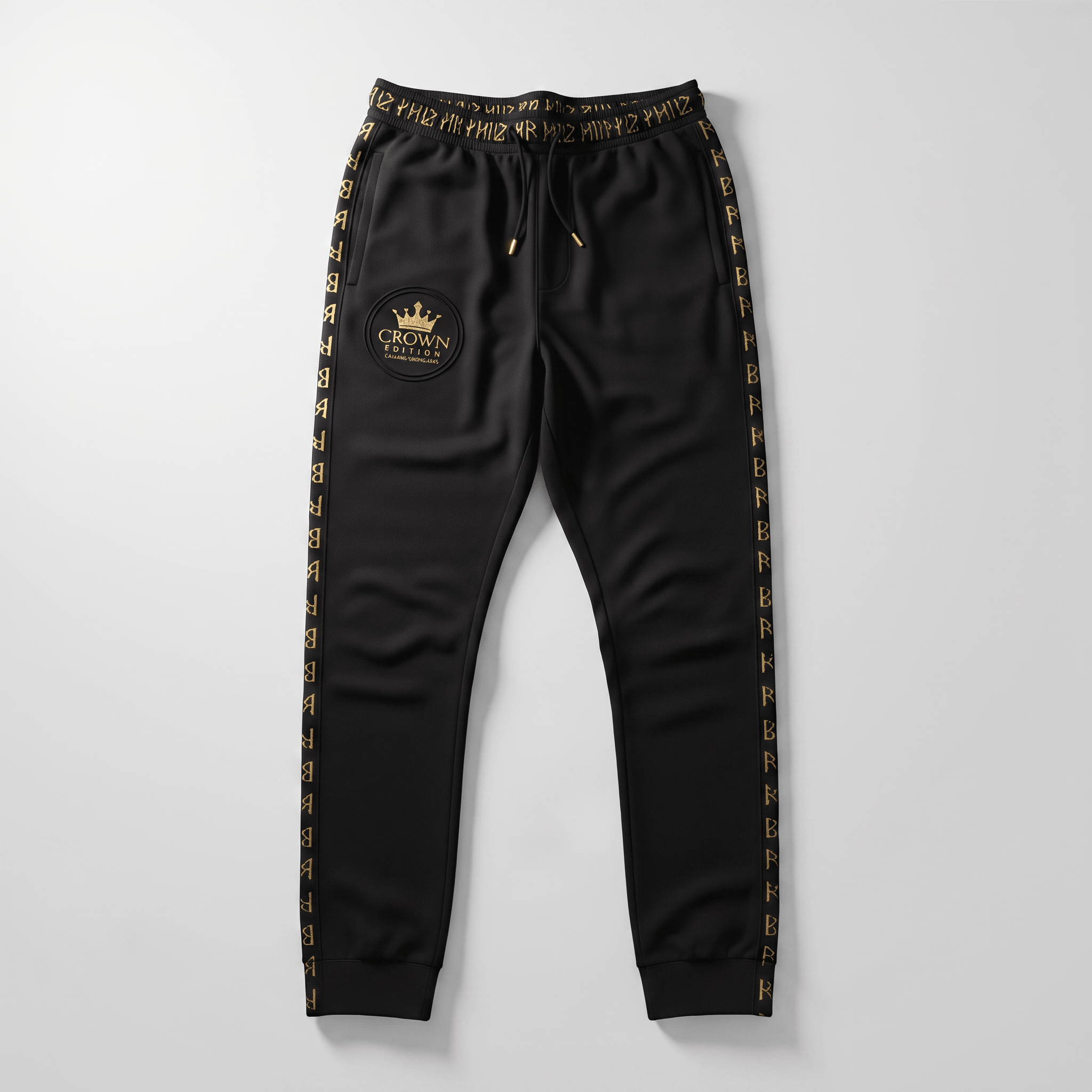 Black athletic joggers with gold side stripes, crown edition logo, and drawstring waistband on light gray.