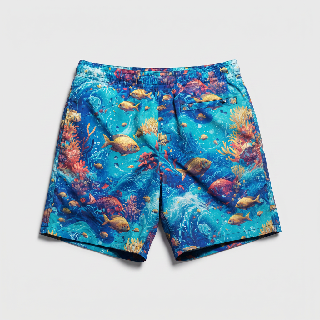 Blue swim shorts featuring a vibrant underwater coral reef print with fish, coral, and ocean waves.