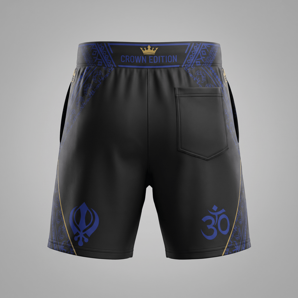 Back view of black Crown Edition athletic shorts with blue religious symbols and pocket.