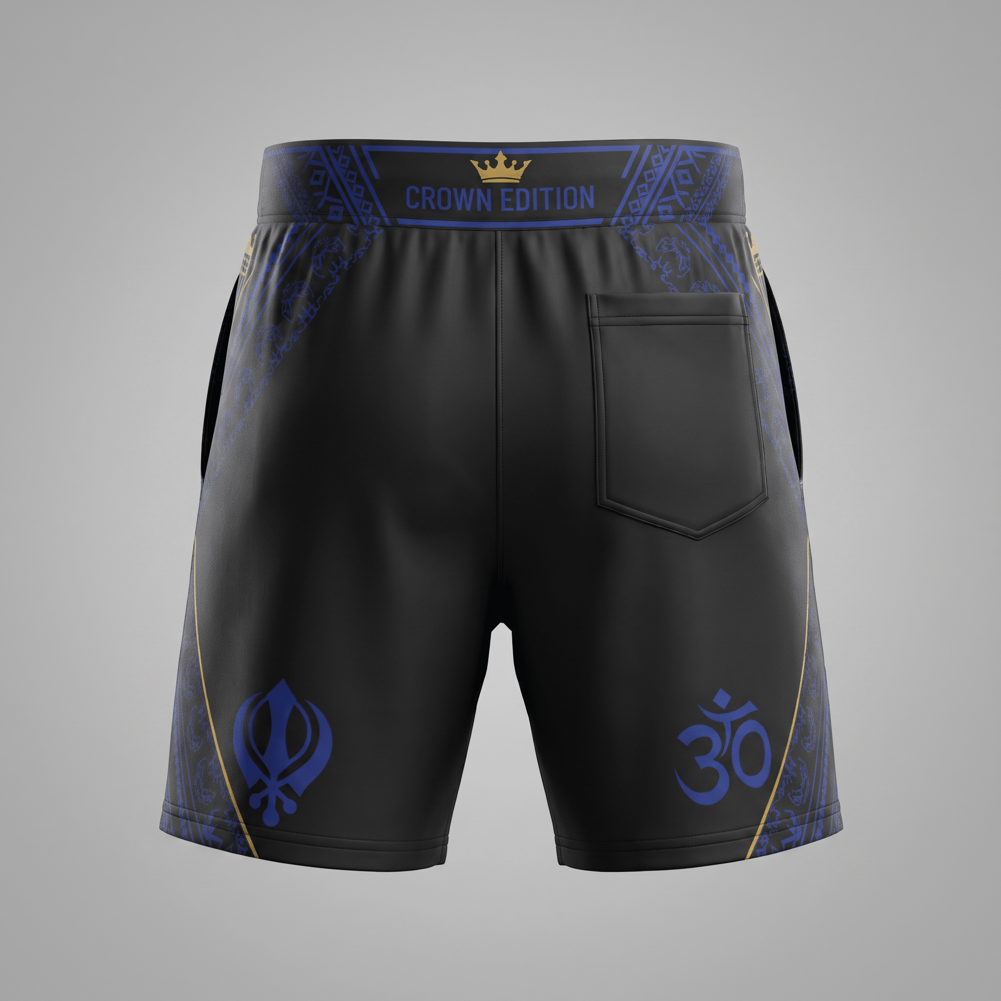 Back view of black Crown Edition athletic shorts with blue religious symbols and pocket.