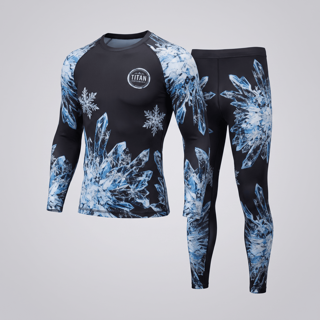 Black and blue crystal snowflake print compression rash guard and leggings set.