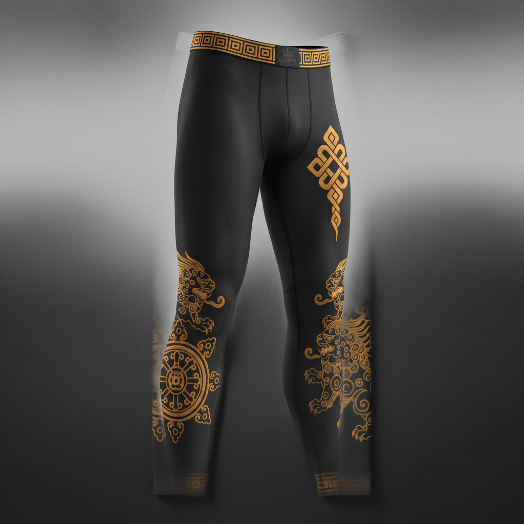 Black compression tights with gold traditional Asian patterns and decorative waistband.