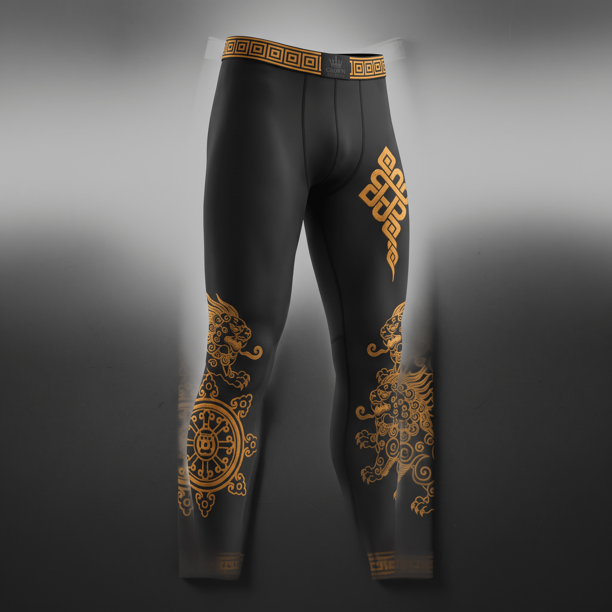 Black compression tights with gold traditional Asian patterns and decorative waistband.
