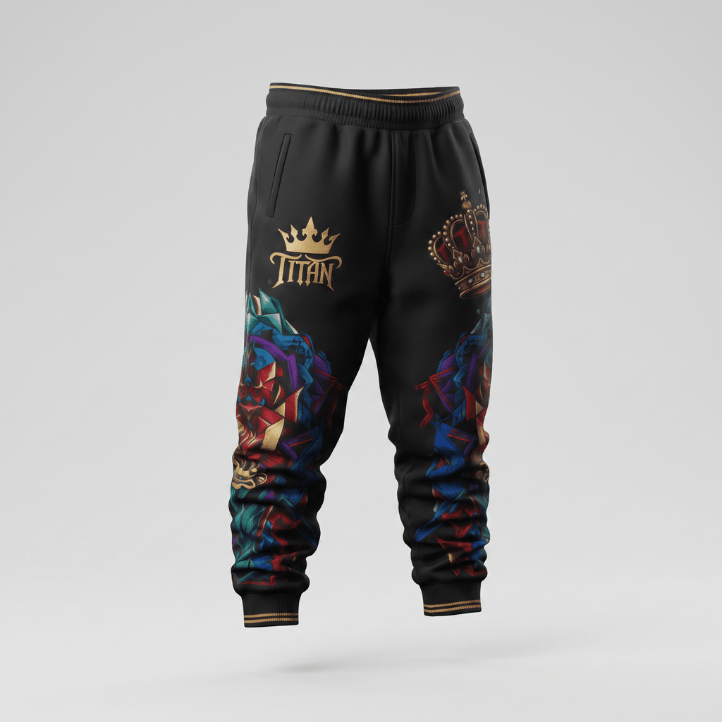 Black athletic joggers with Titan gold crown logo, striped waistband, and colorful abstract leg graphics.
