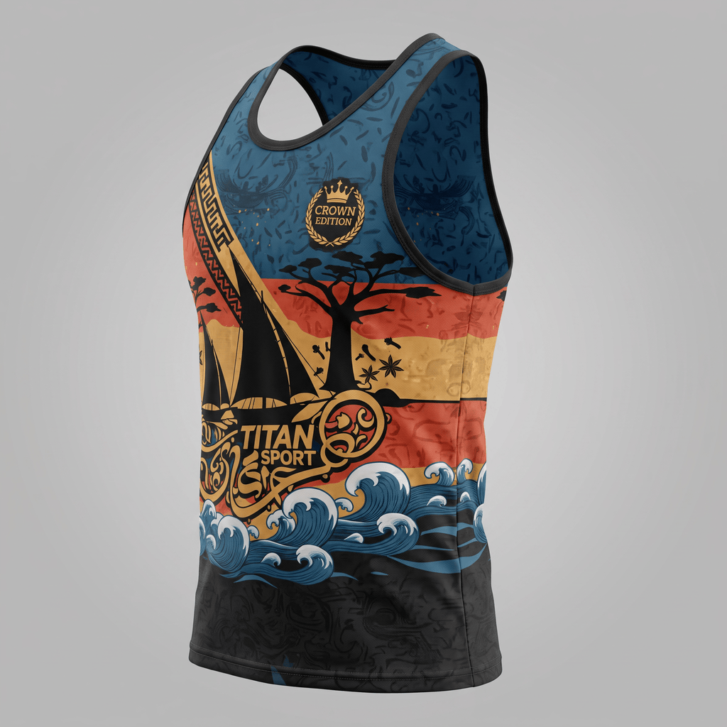 Blue and orange athletic tank top featuring a graphic landscape with a sailboat, trees, and ocean waves.