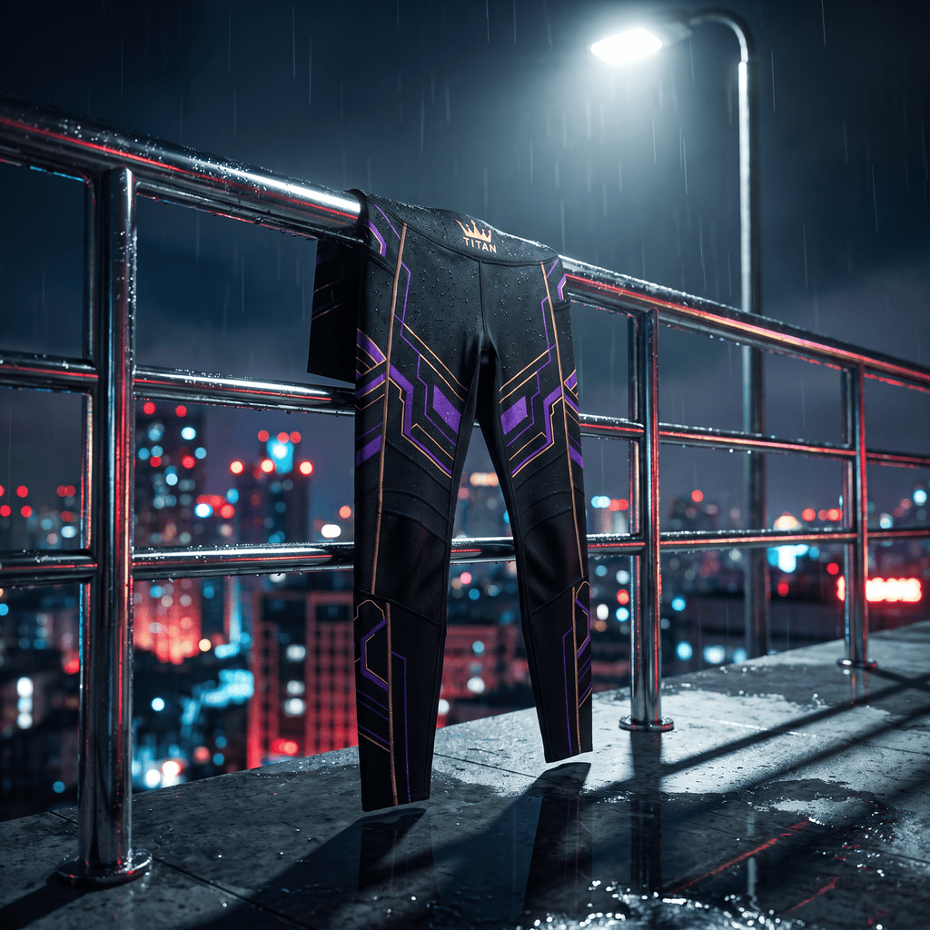 Black athletic leggings with purple and gold geometric accents, featuring a crown logo, draped on a wet metal railing.
