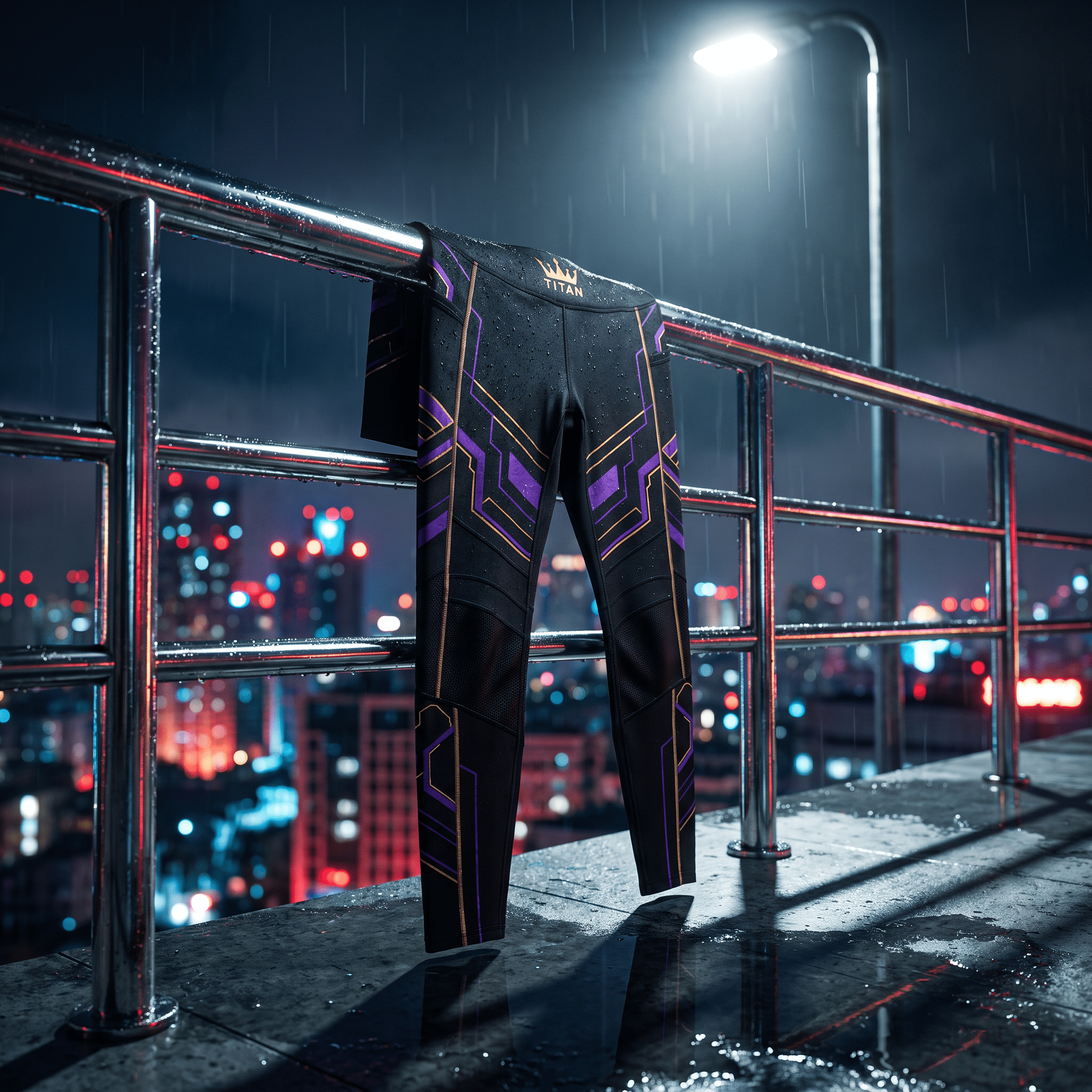 Black athletic leggings with purple and gold geometric accents, featuring a crown logo, draped on a wet metal railing.