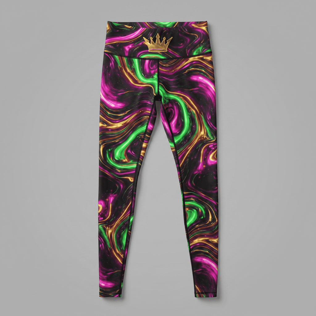 High-waisted leggings with a vibrant pink, green, and gold marble swirl pattern and a gold crown logo at the waist.