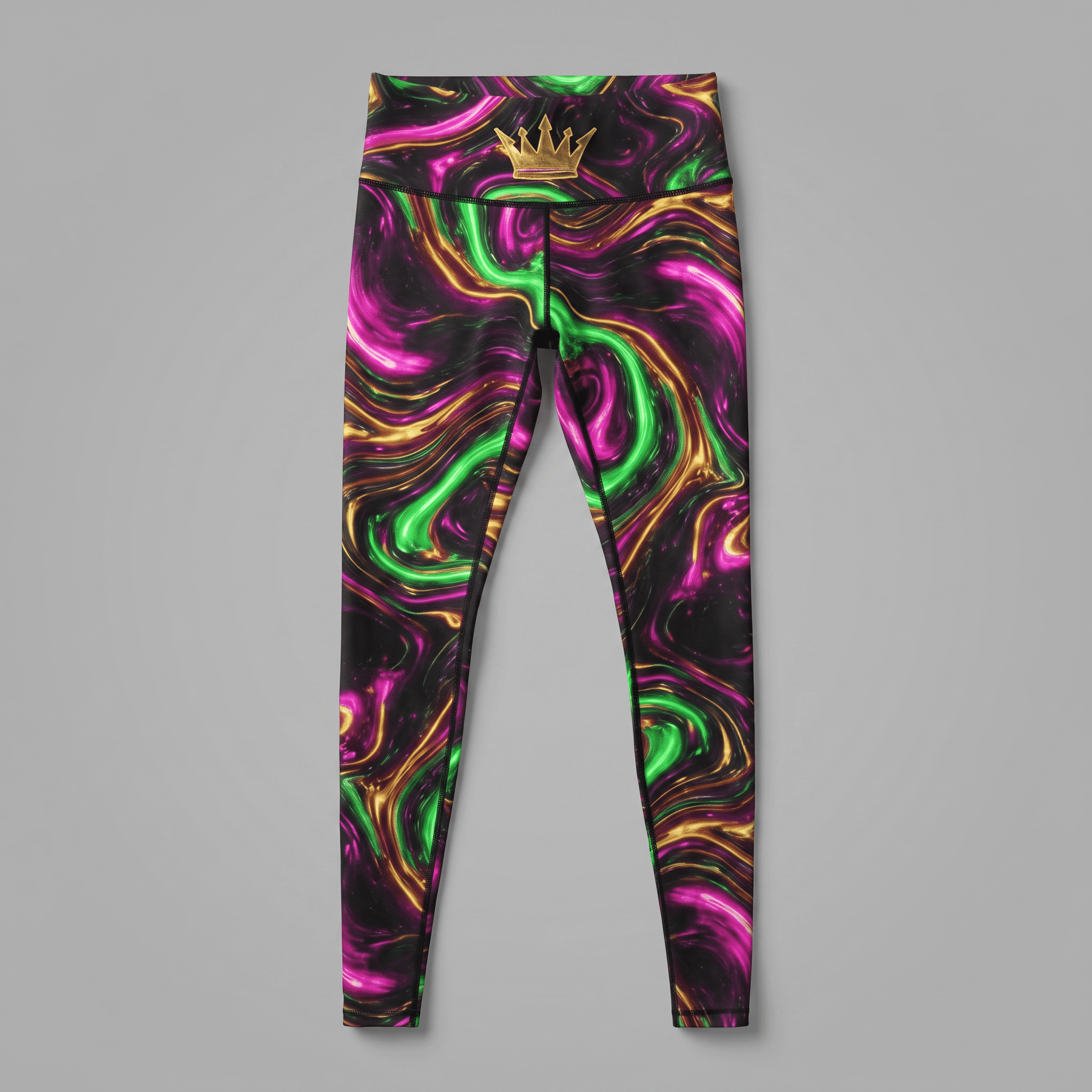 High-waisted leggings with a vibrant pink, green, and gold marble swirl pattern and a gold crown logo at the waist.