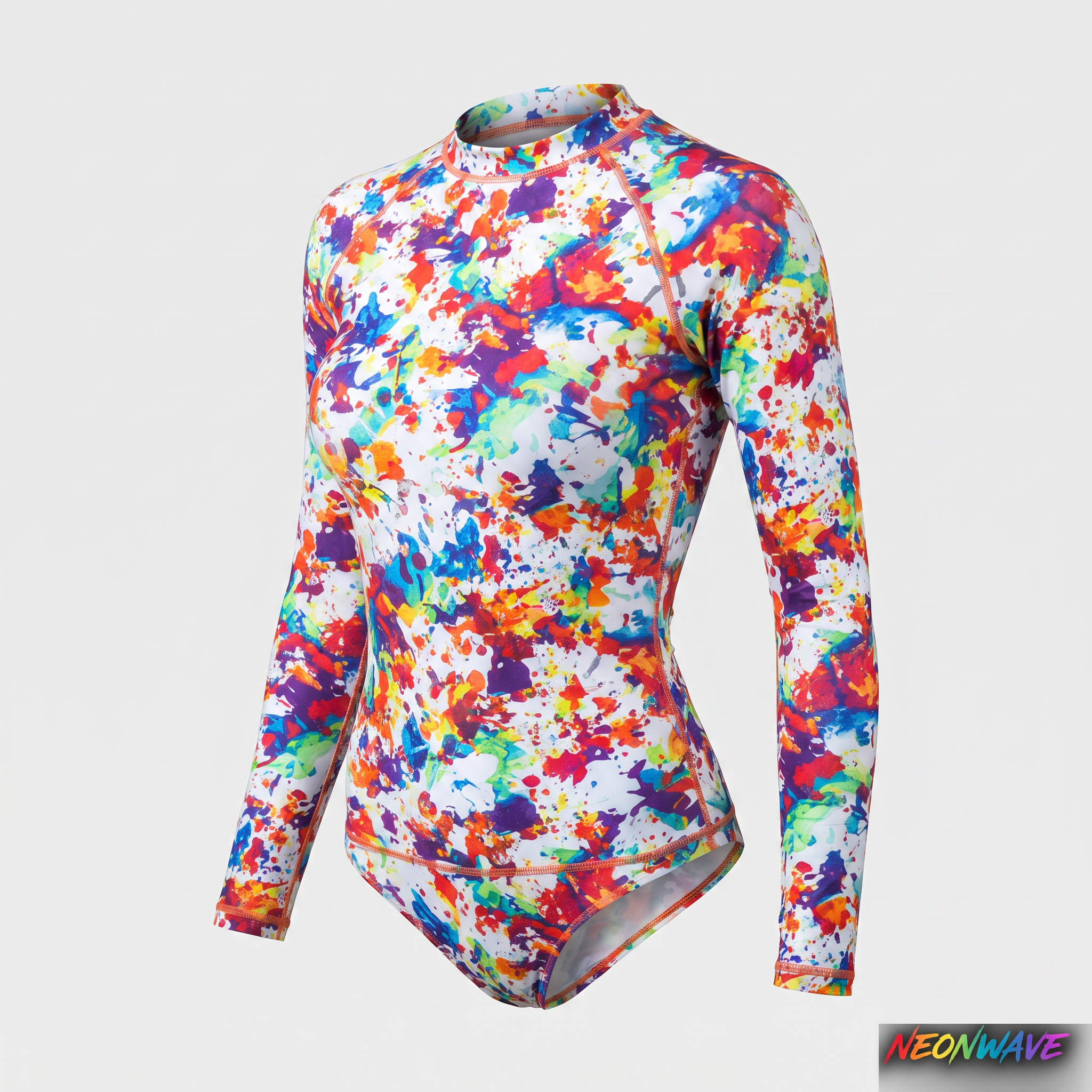 Long-sleeve one-piece swimsuit in a colorful paint splatter pattern with orange stitching.