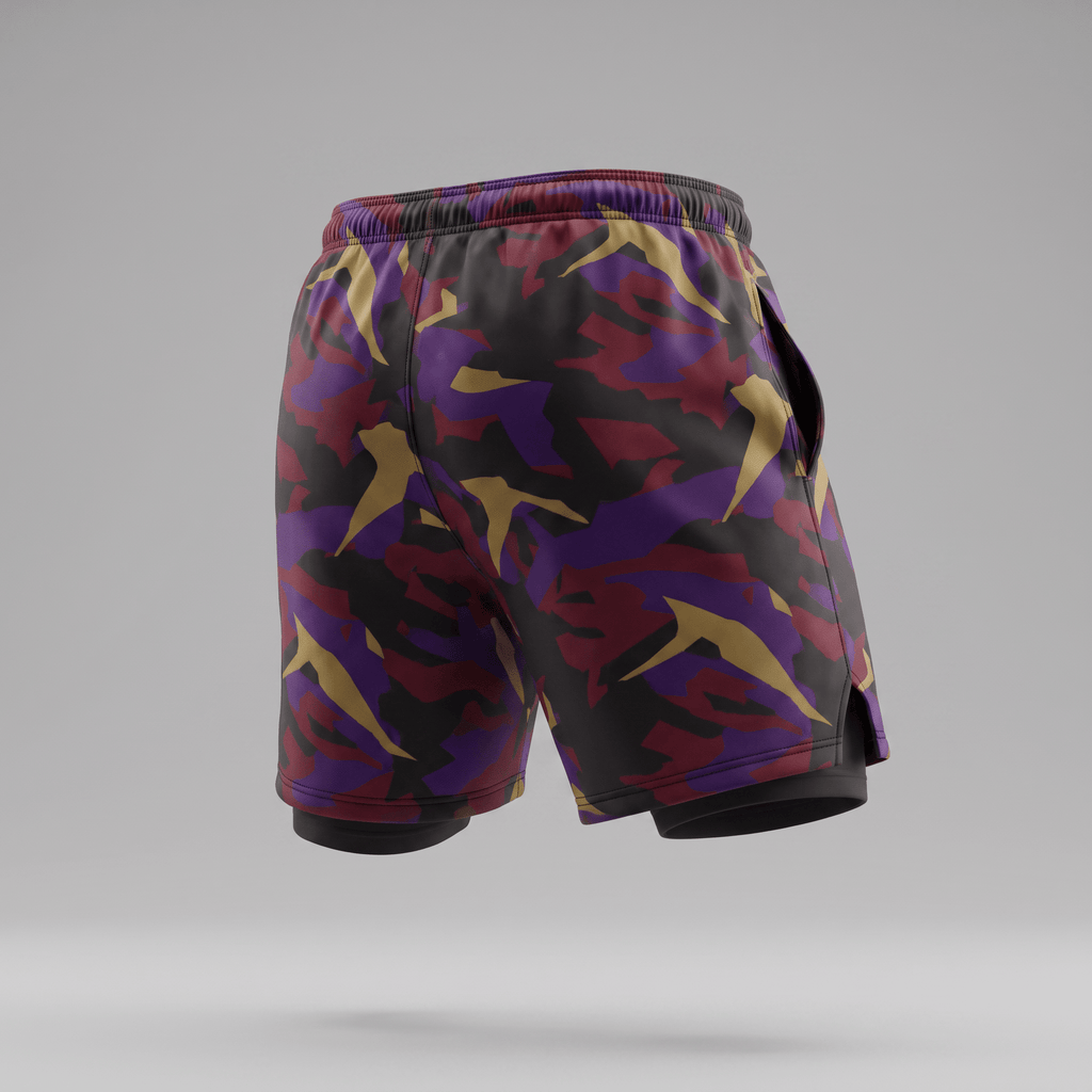 Rear view of athletic shorts in a purple, gold, and black camo print with a built-in liner.