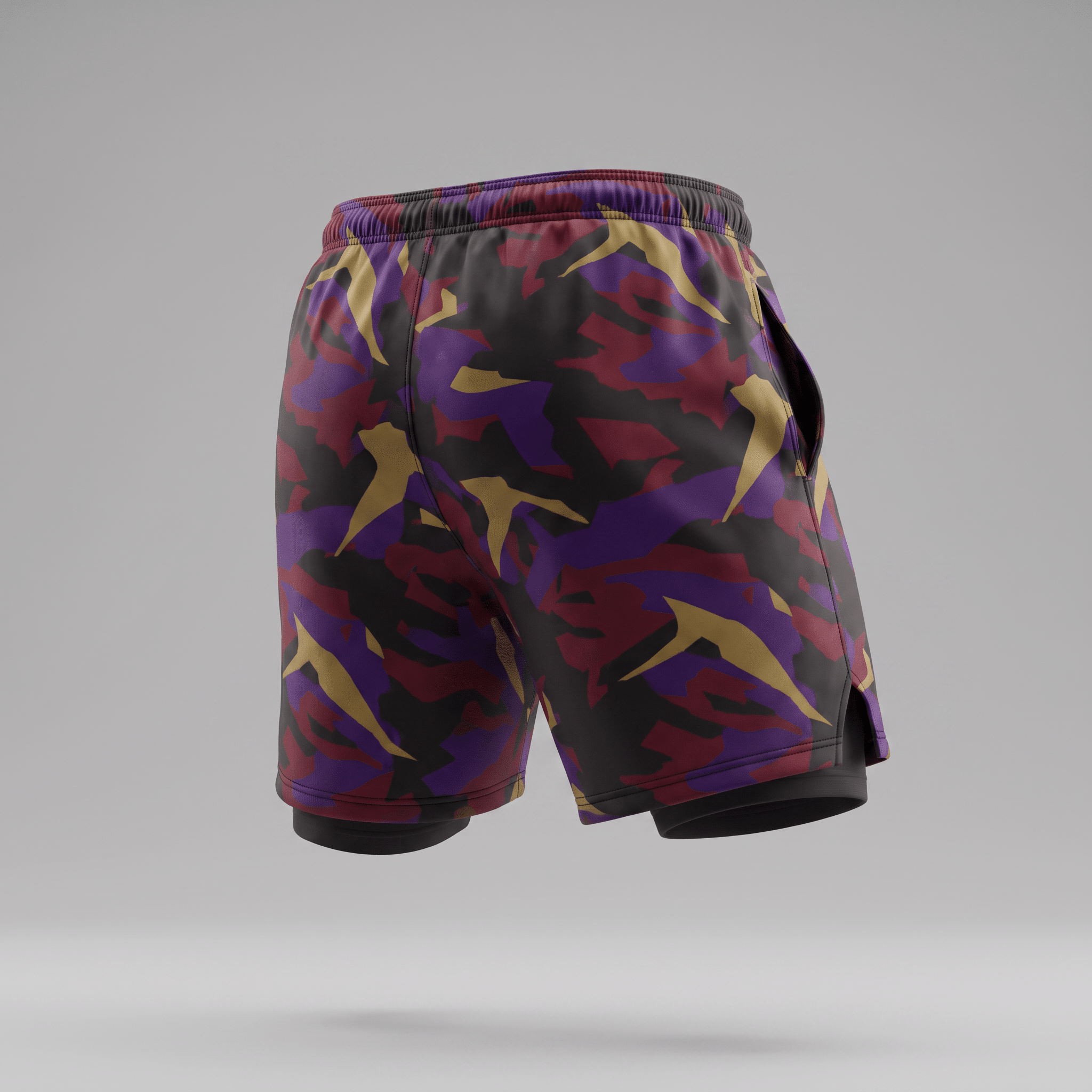 Rear view of athletic shorts in a purple, gold, and black camo print with a built-in liner.