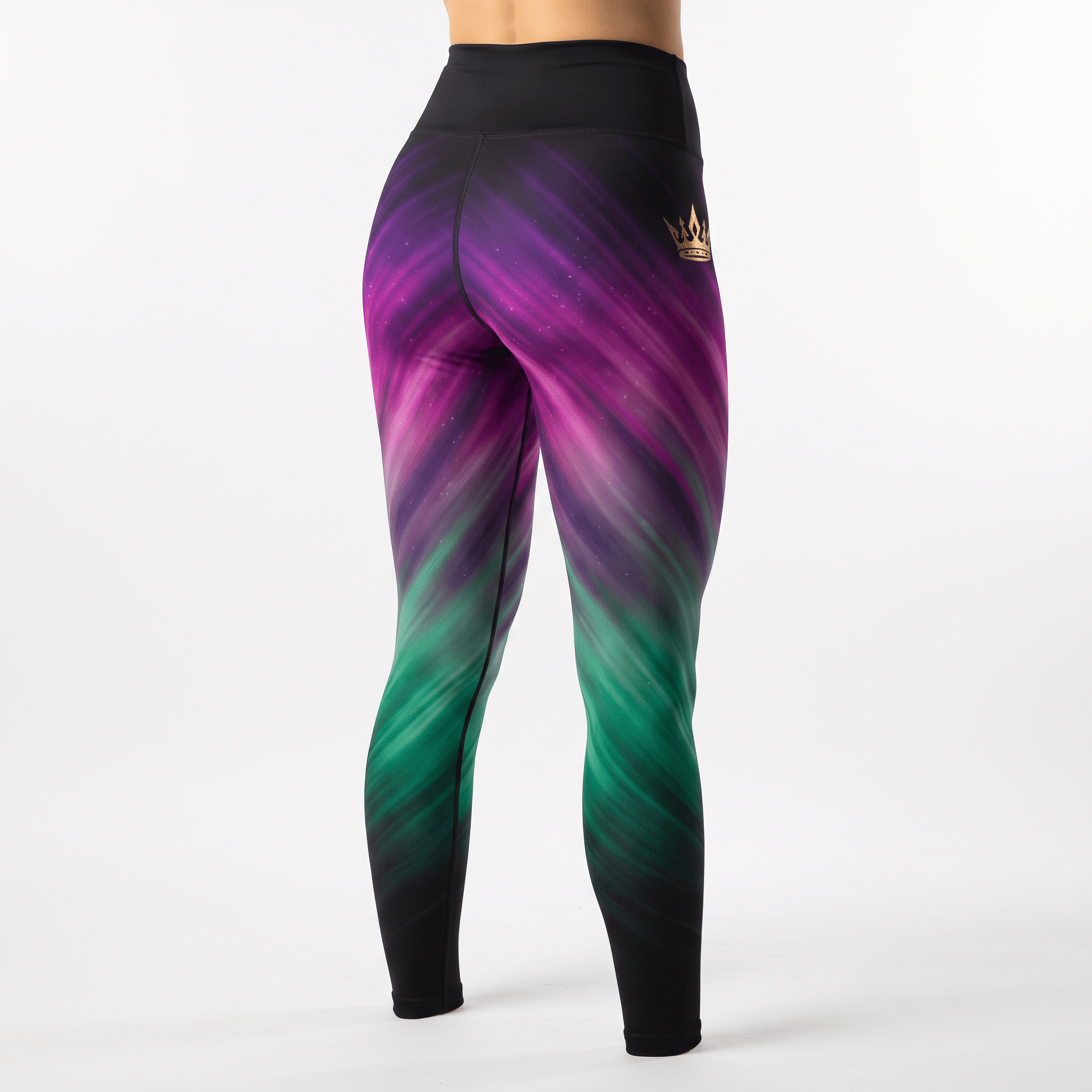 Rear view of high-waisted athletic leggings featuring a purple and green aurora gradient print and gold crown logo.