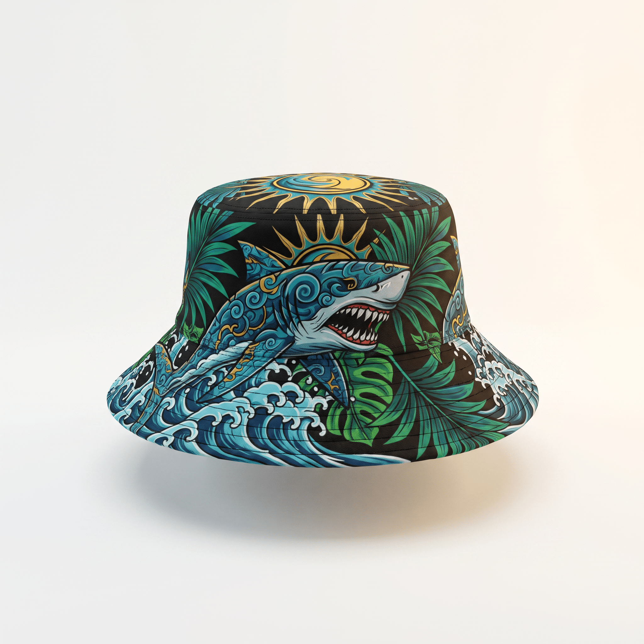 Black bucket hat with a blue shark, ocean waves, and tropical green leaves in a detailed artistic style.