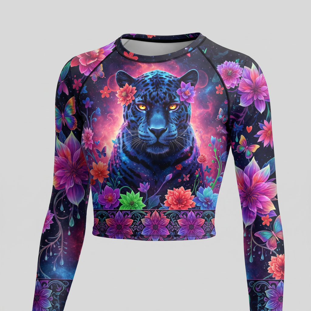 Long-sleeve crop top featuring a blue panther and vibrant flowers in a cosmic galaxy style.