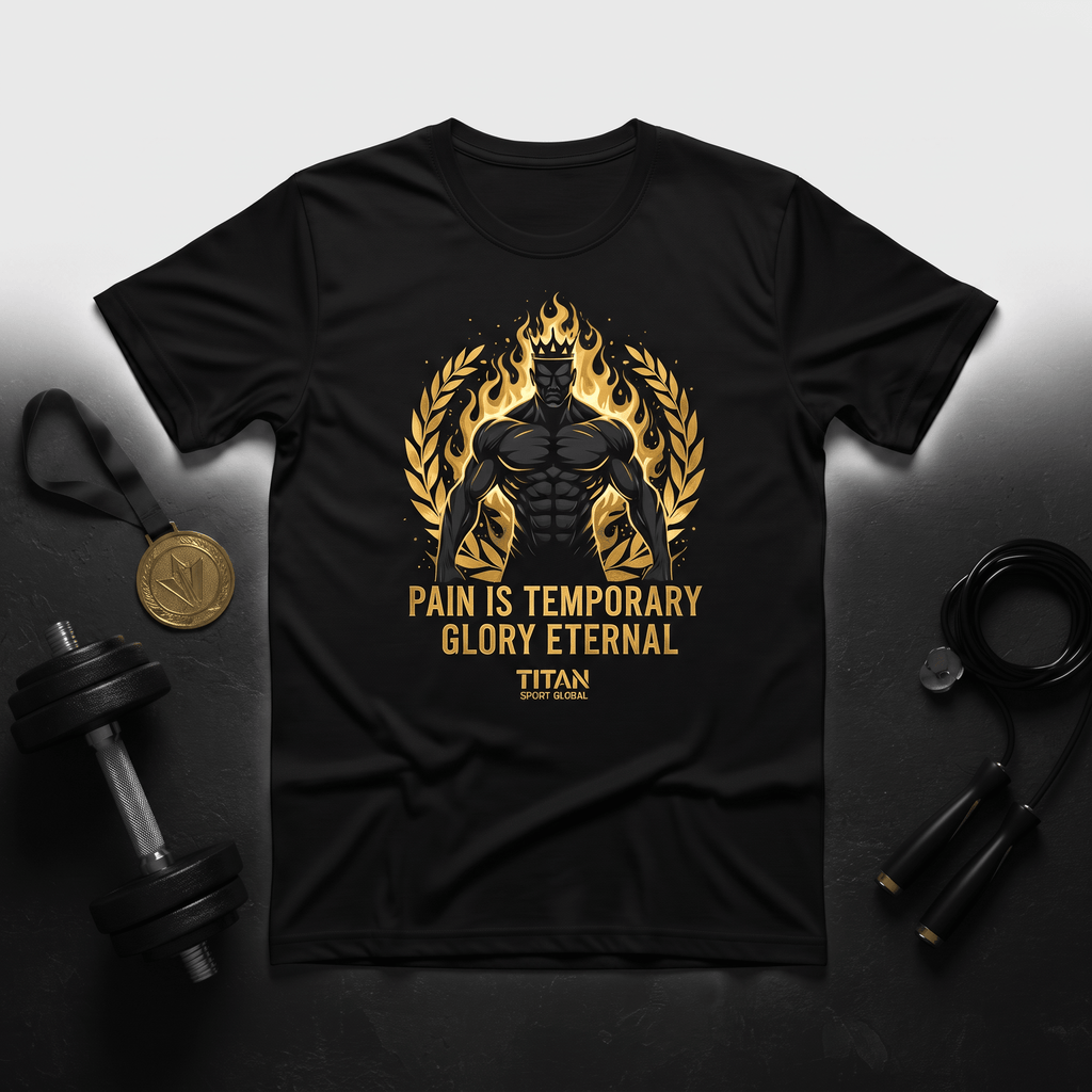 Black crewneck t-shirt with gold motivational fitness graphic, dumbbell, and jump rope.