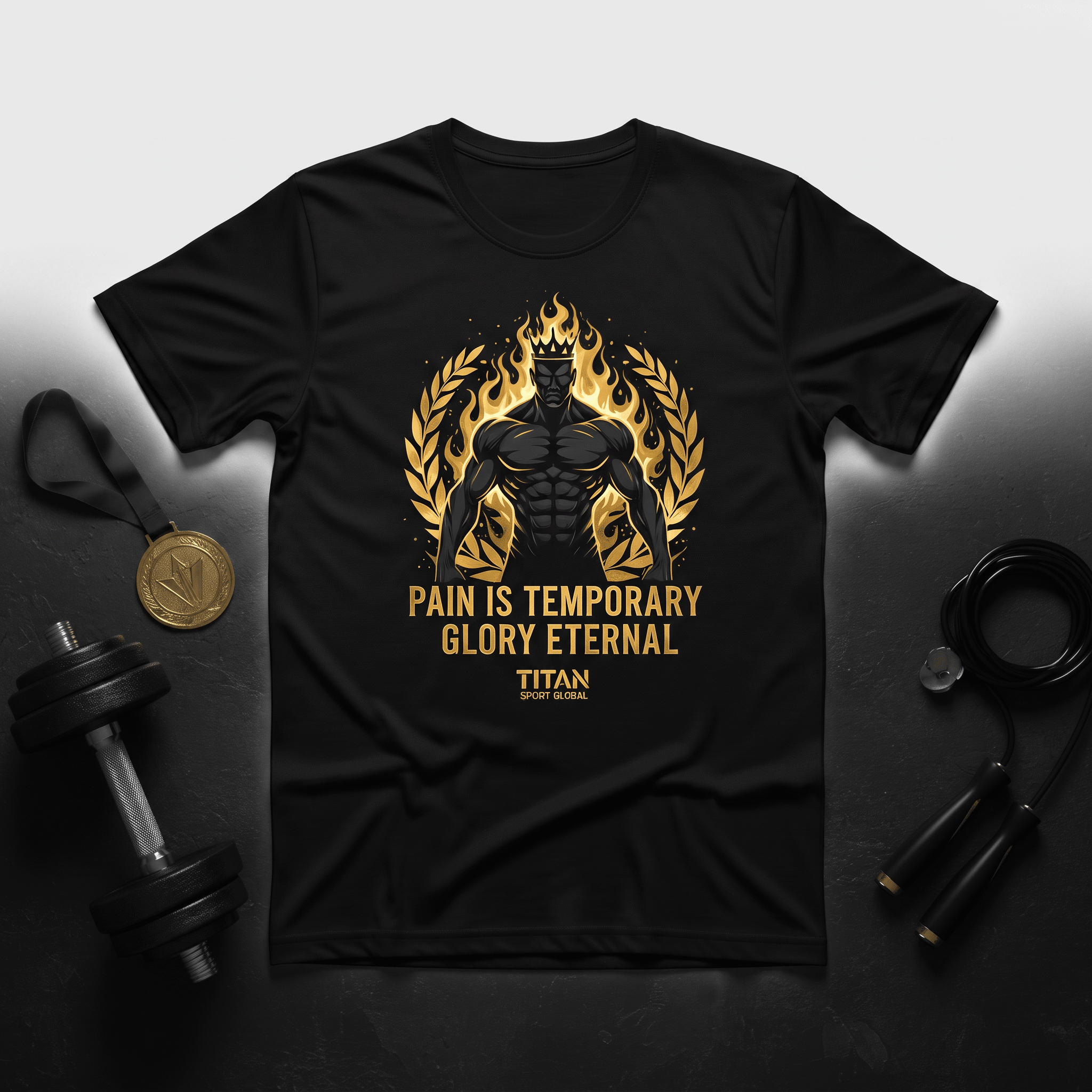 Black crewneck t-shirt with gold motivational fitness graphic, dumbbell, and jump rope.
