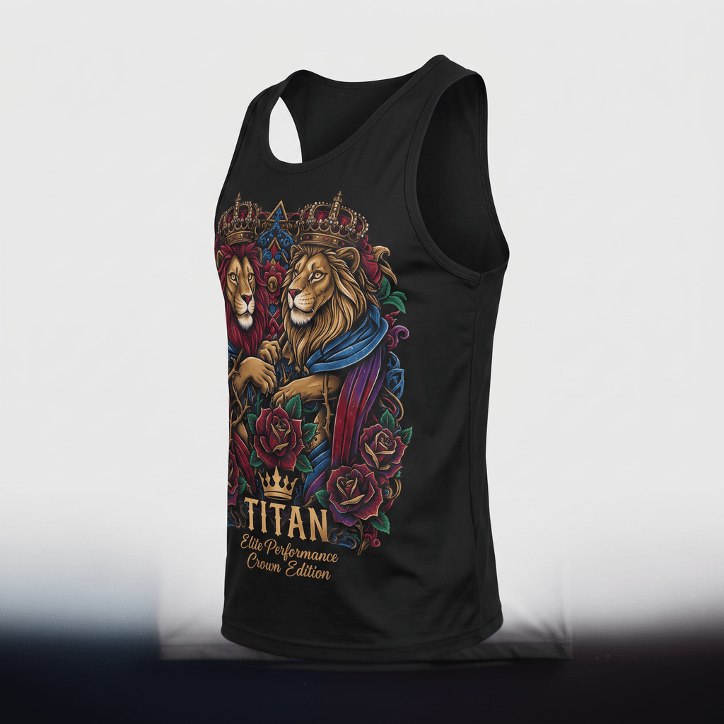 Black athletic tank top featuring a crowned lion graphic and Titan Elite Performance text.