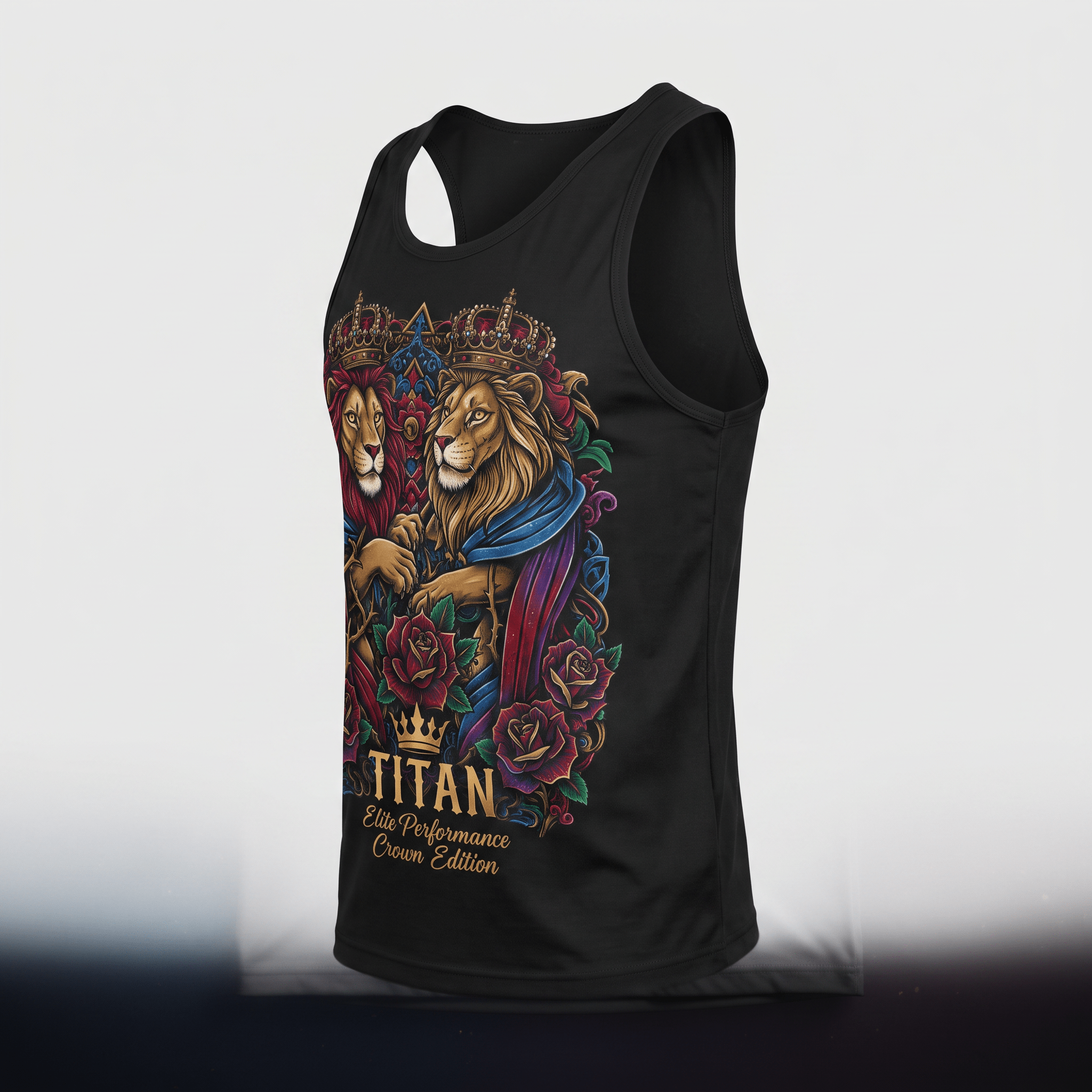 Black athletic tank top featuring a crowned lion graphic and Titan Elite Performance text.