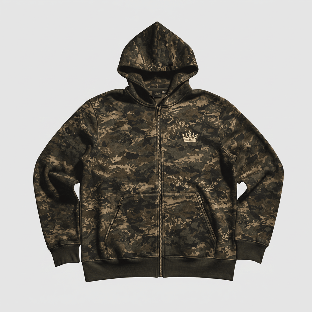 Green camo zip-up hoodie with a gold crown logo on the chest, laid flat.