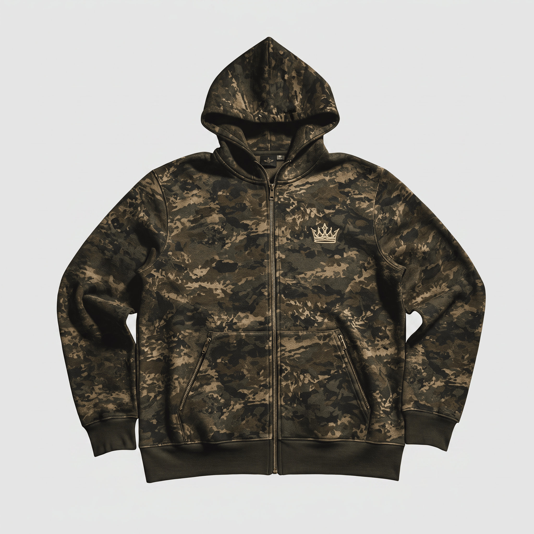 Green camo zip-up hoodie with a gold crown logo on the chest, laid flat.