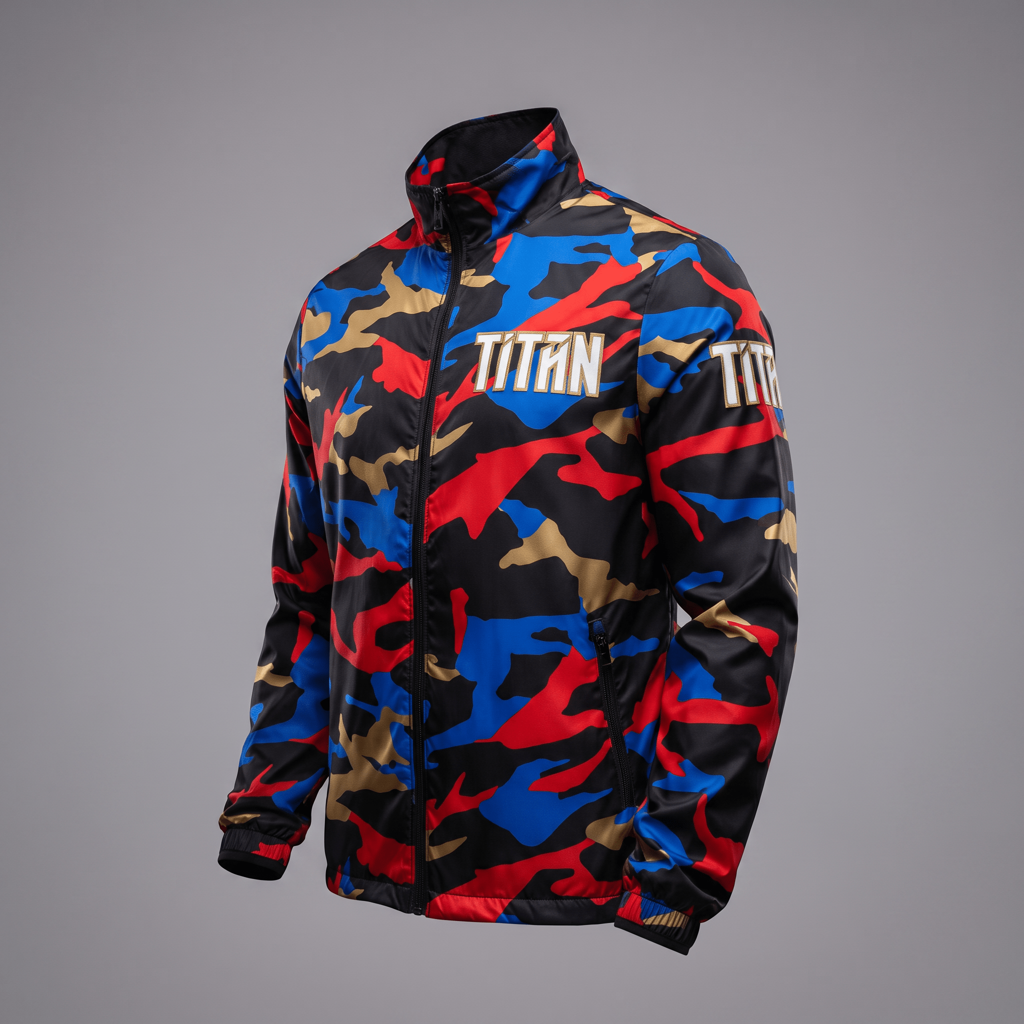 Titan camouflage full-zip jacket in black, blue, red, and gold, featuring a high collar.