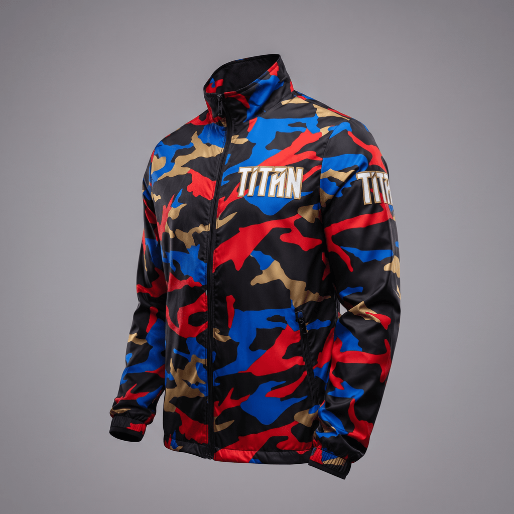 Black, blue, red, and gold camouflage zip-up athletic jacket with Titan logo on the chest and sleeve.