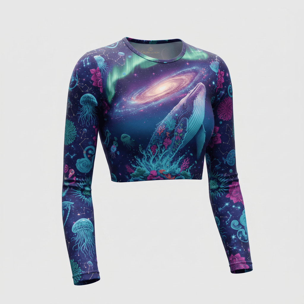 Long-sleeve crop top in deep blue featuring a cosmic ocean design with a whale, galaxy, and jellyfish.
