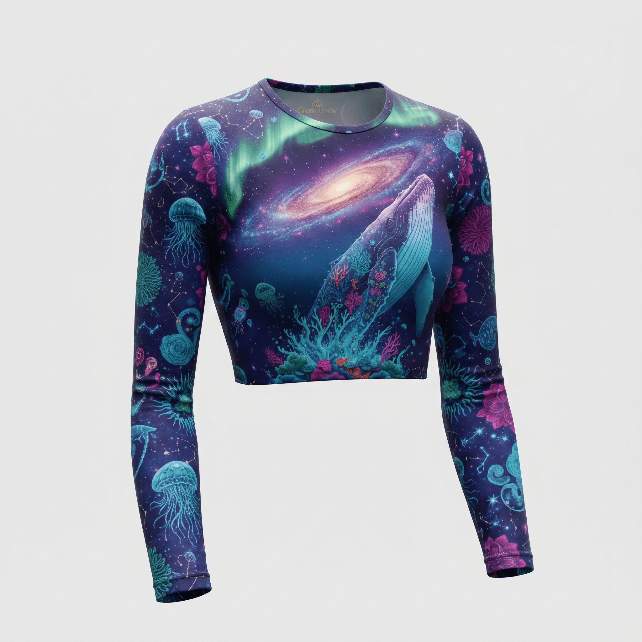Long-sleeve crop top in deep blue featuring a cosmic ocean design with a whale, galaxy, and jellyfish.