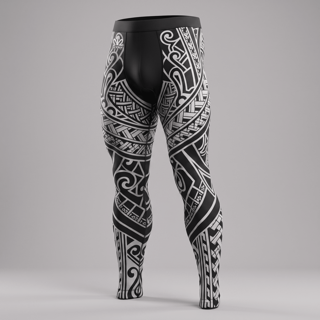 Black and white athletic compression leggings with intricate Polynesian tattoo patterns on a neutral background.