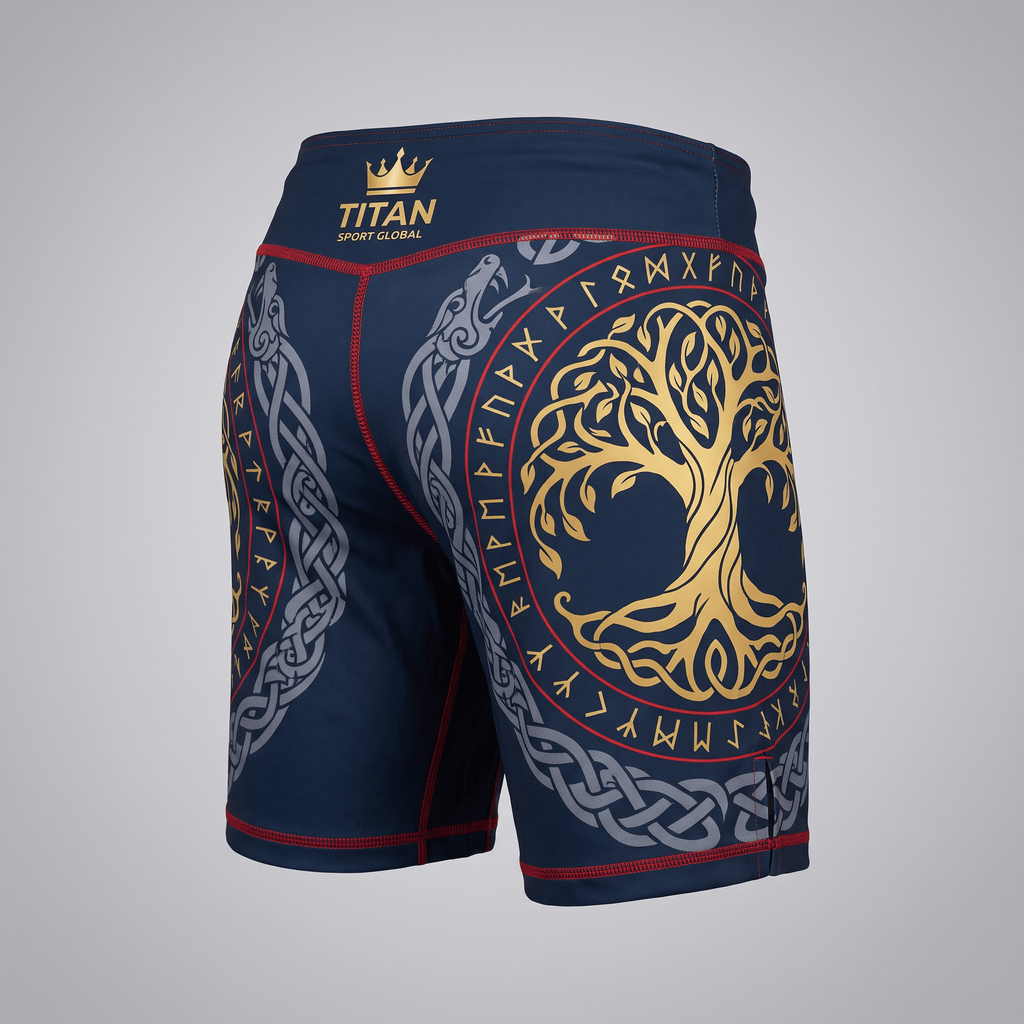 Dark blue athletic shorts featuring a gold Norse Yggdrasil tree, runic circle, and grey serpentine graphics.